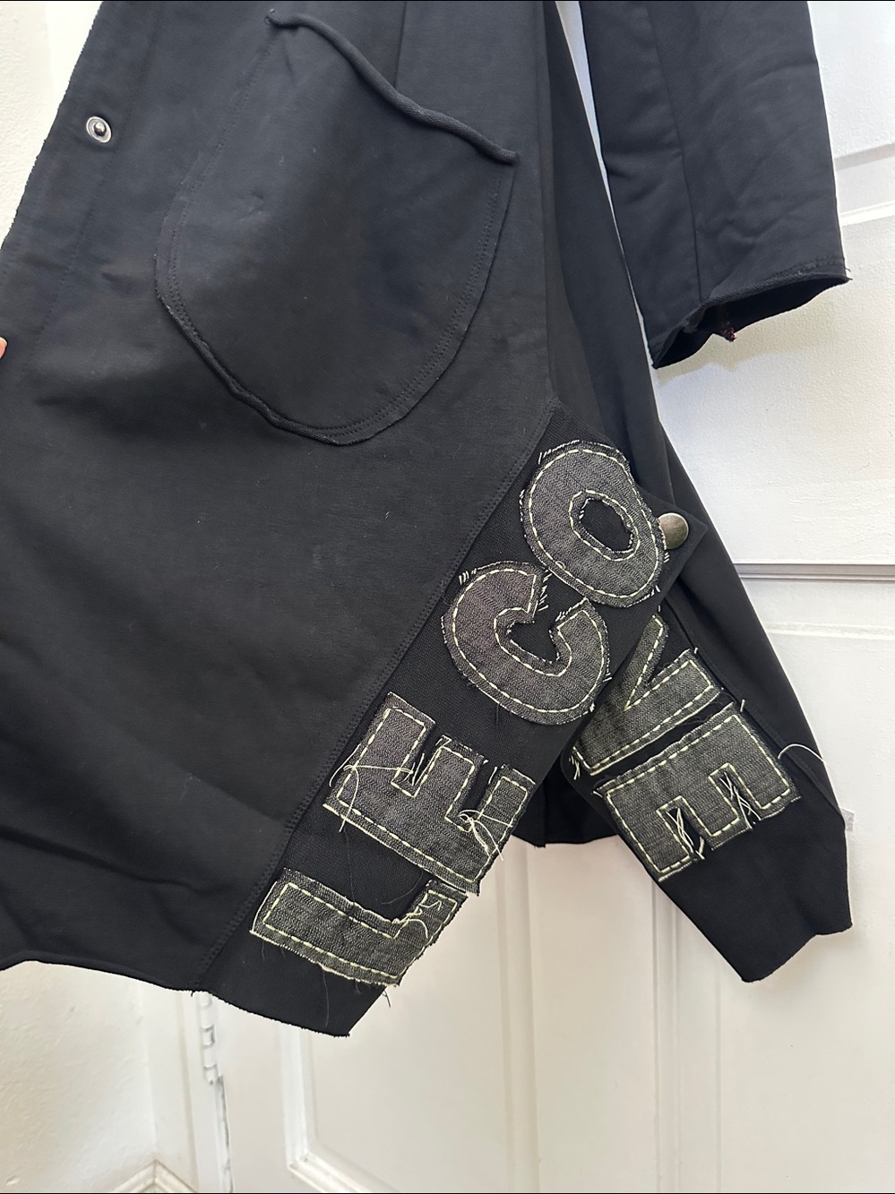 Cop. Copine Black Long Line Hooded Button Cardigan Duster with Patched Logo S/M - Picture 3 of 9